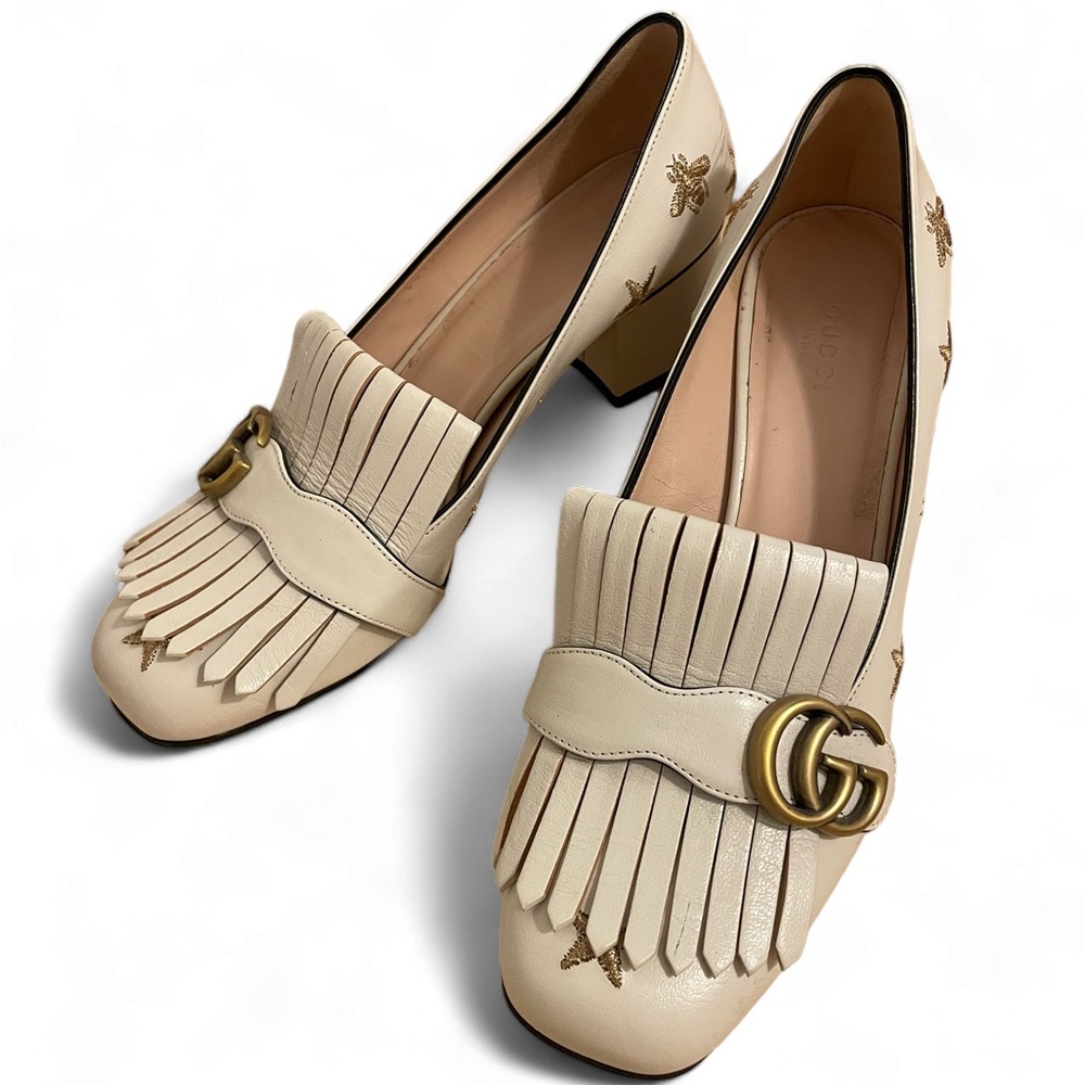 Gucci Marmont white embroidered star and bee heels
